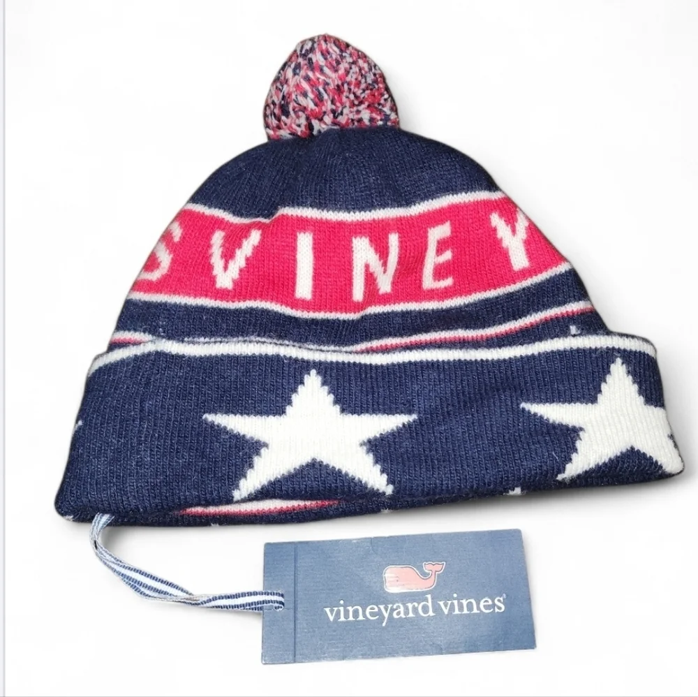 VINEYARD VINES Red White Blue Knit Winter Hat Unisex One Size Boys Stars Lined